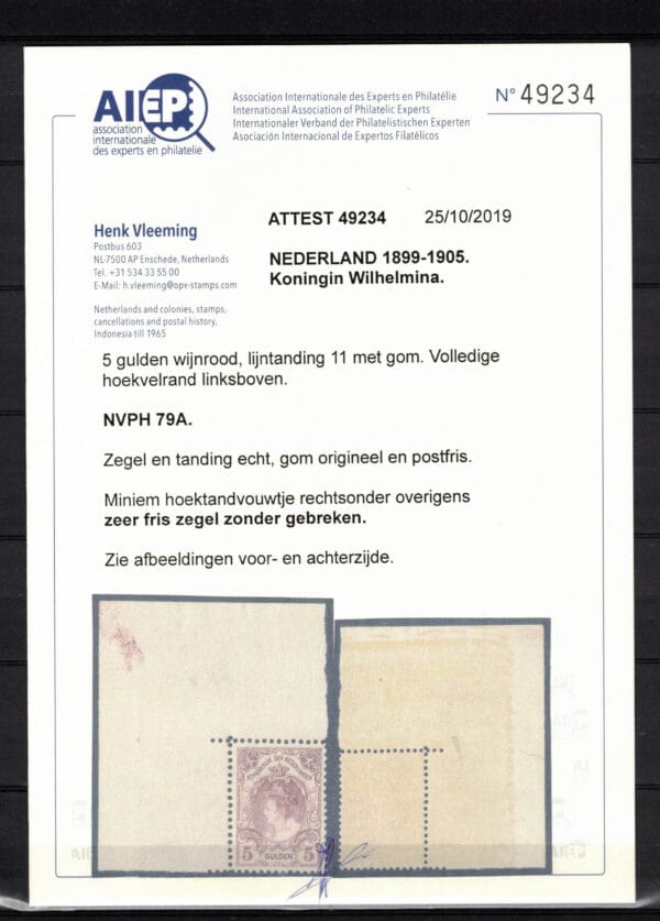 Frankeerzegel Nederland NVPH nr. 79A postfris met Vleeming certificaat - Afbeelding 2