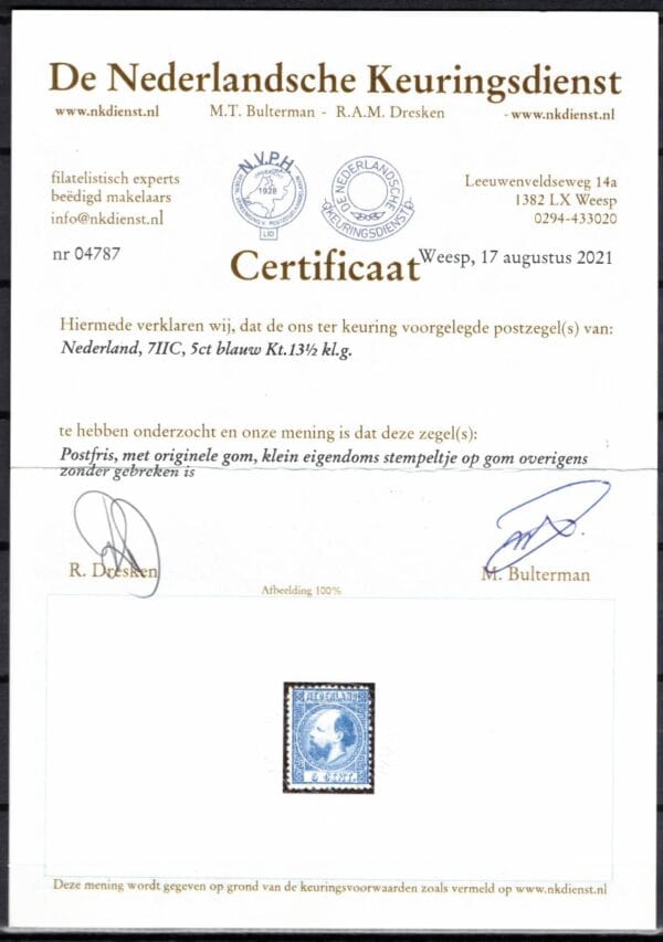 Frankeerzegels Nederland NVPH nr. 7IIC  postfris met certificaat NKD - Afbeelding 2