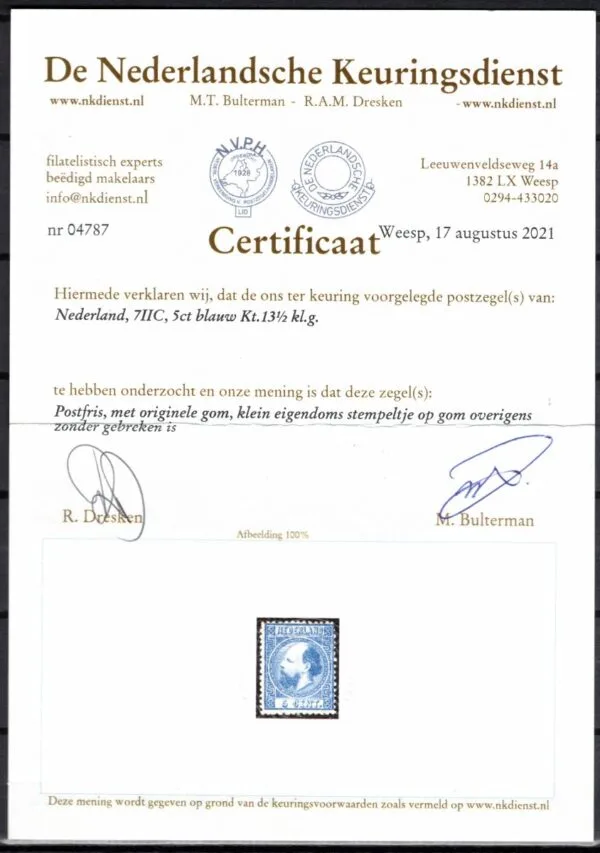Frankeerzegels Nederland NVPH nr. 7IIC  postfris met certificaat NKD - Afbeelding 2