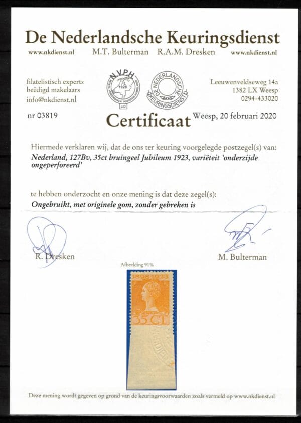 Frankeerzegel Nederland NVPH nr. 127Bv ongebruikt met certificaat NKD - Afbeelding 2