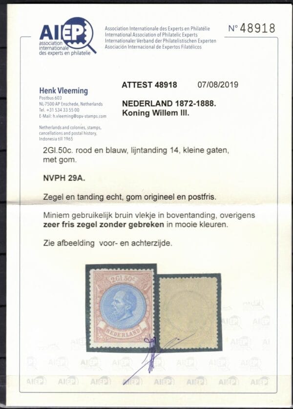 Frankeerzegel Nederland NVPH nr. 29A postfris met certificaat Vleeming - Afbeelding 2