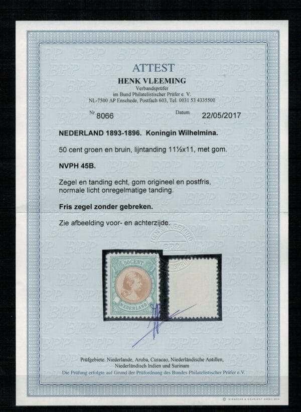 Frankeerzegel Nederland NVPH nr. 45B postfris met certificaat Vleeming - Afbeelding 2