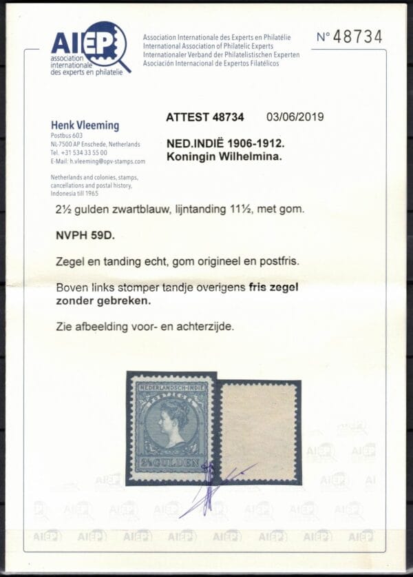 Frankeerzegel Ned.Indie NVPH nr. 59D postfris met certificaat Vleeming - Afbeelding 2