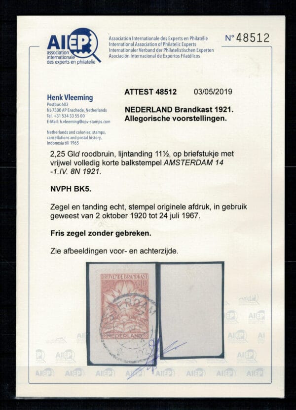 Brandkastzegel Nederland Nvph nr. BK5 op briefstukje.GESTEMPELD.Cert.H.Vleeming - Afbeelding 2