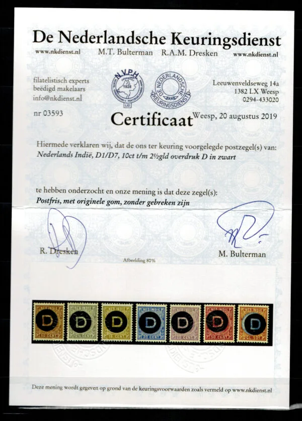 Dienstzegels Ned.Indië NVPH nrs. D1-D7 postfris met certificaat NKD - Afbeelding 2