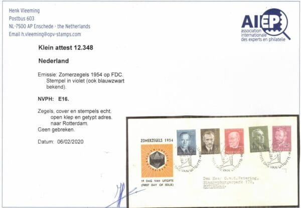 FDC Nederland NVPH nr. E16 met getypt adres, open klep en met certificaat Vleeming - Afbeelding 2