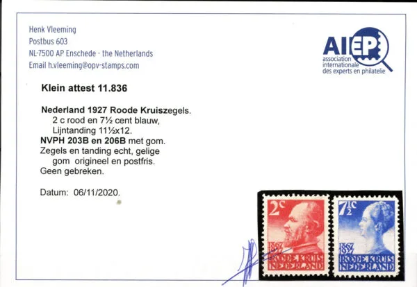 Frankeerzegels Nederland Nvph nrs. 203B en 206B postfris met klein attest Vleeming - Afbeelding 2