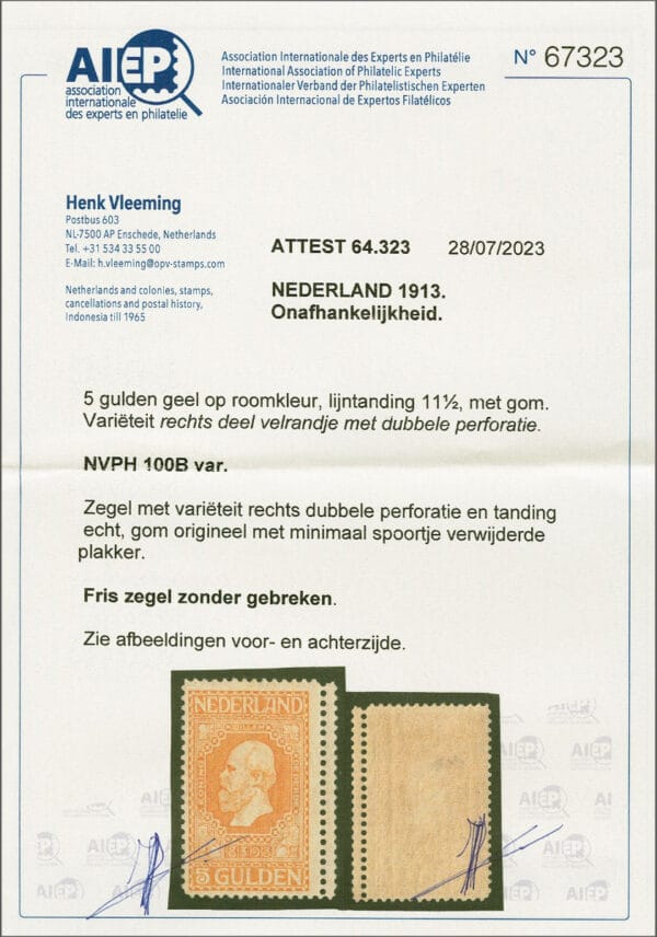 Frankeerzegel Nederland NVPH 100B var met certificaat Vleeming - Afbeelding 2