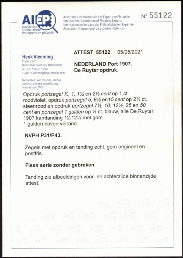 Portzegels Nederland NVPH nrs. P31-P43 postfris met certificaat Vleeming - Afbeelding 2