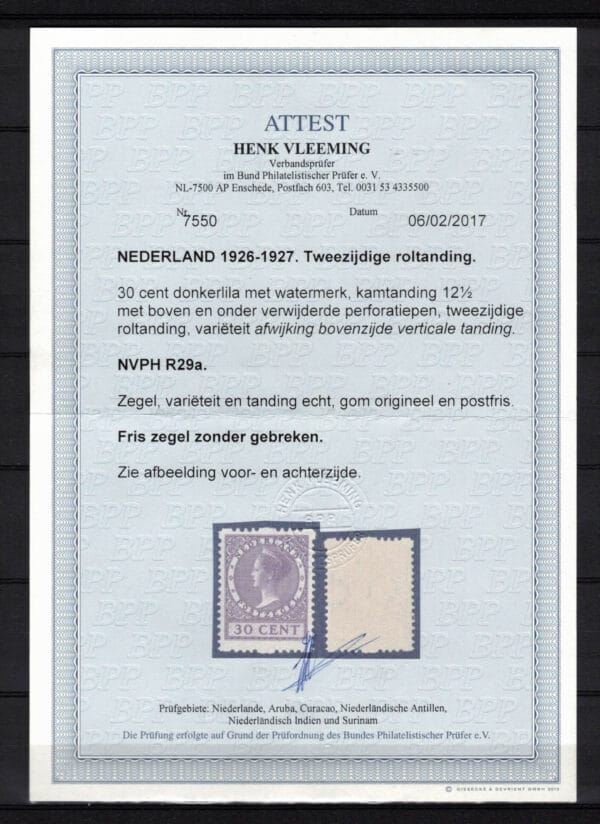 Roltanding zegel Nederland NVPH nr. R29a postfris met certificaat Vleeming - Afbeelding 2