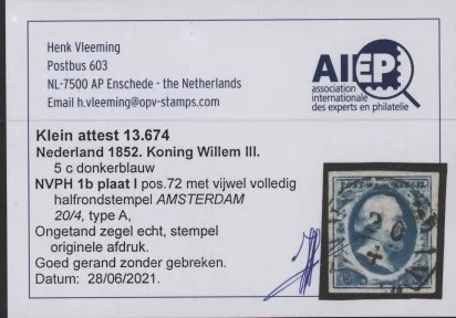 Frankeerzegel Nederland NVPH nr. 1b plaat I positie 78 gestempeld - Afbeelding 2
