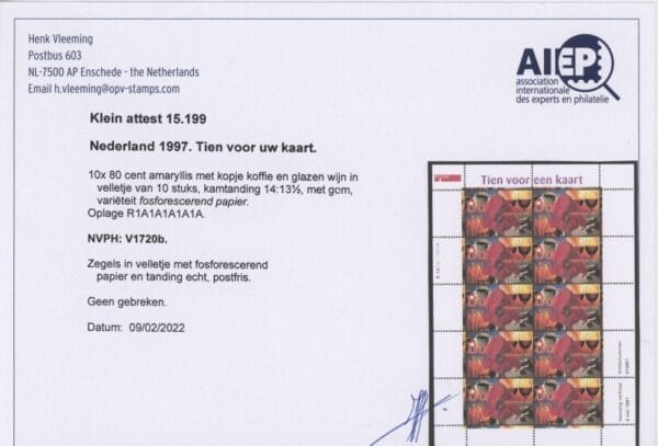 Frankeerzegels Nederland NVPH nr. V1720b postfris met Vleeming attest - Afbeelding 2