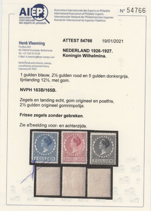 Frankeerserie Nederland NVPH nrs. 163B-165B postfris met Vleeming certificaat - Afbeelding 2