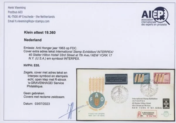 FDC Nederland NVPH nr. E55 met reclame en attest Vleeming - Afbeelding 2