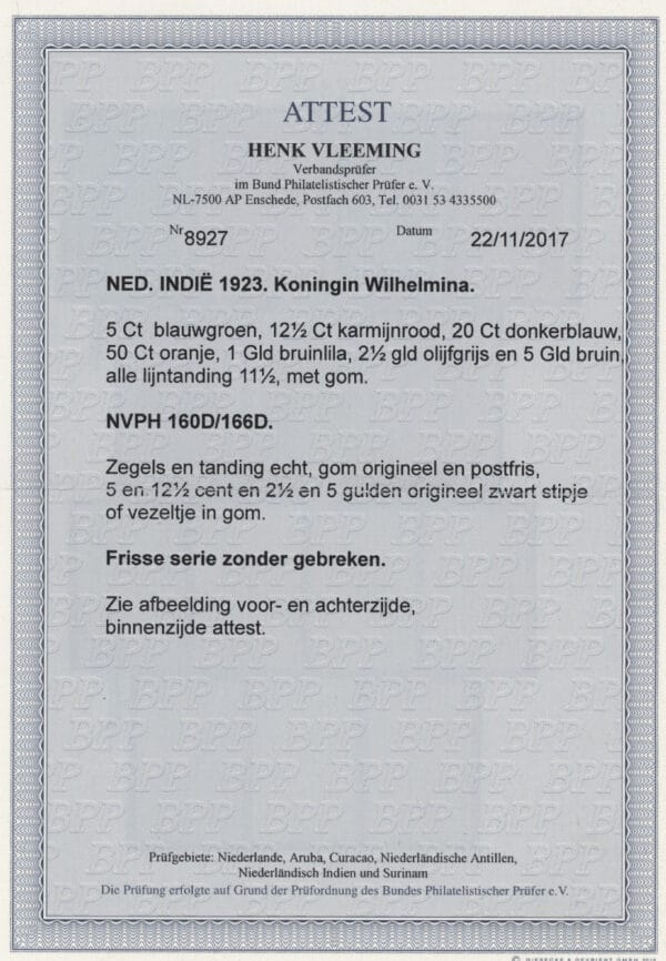 Frankeerzegels Ned.Indië NVPH nrs.160D-166D postfris met certificaat Vleeming - Afbeelding 2