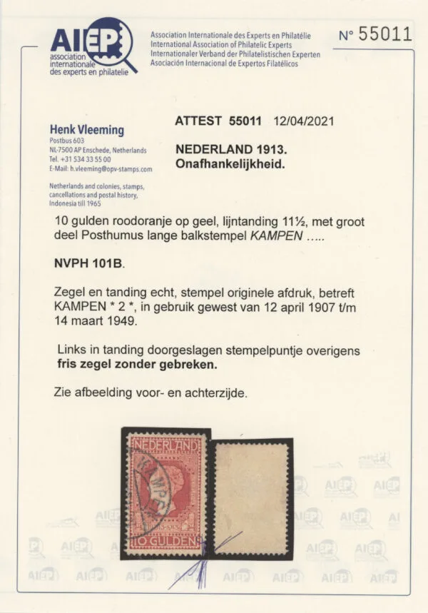 Frankeerzegel Nederland NVPH nr. 101B gestempeld met Vleeming certificaat - Afbeelding 2