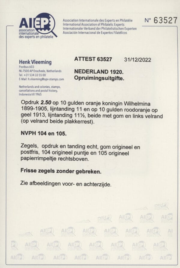 Frankeerzegels Nederland NVPH nrs. 104-105 postfris met Vleeming certificaat - Afbeelding 2