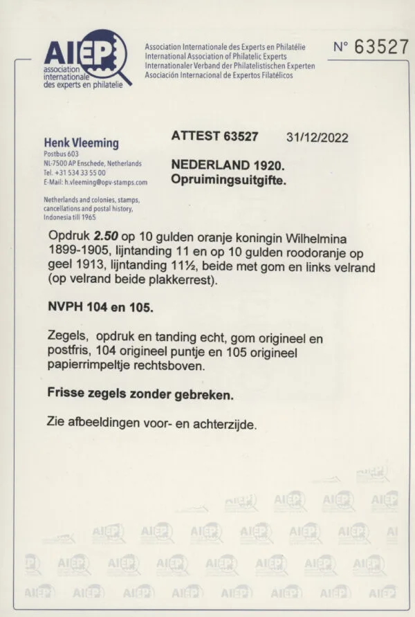 Frankeerzegels Nederland NVPH nrs. 104-105 postfris met Vleeming certificaat - Afbeelding 2