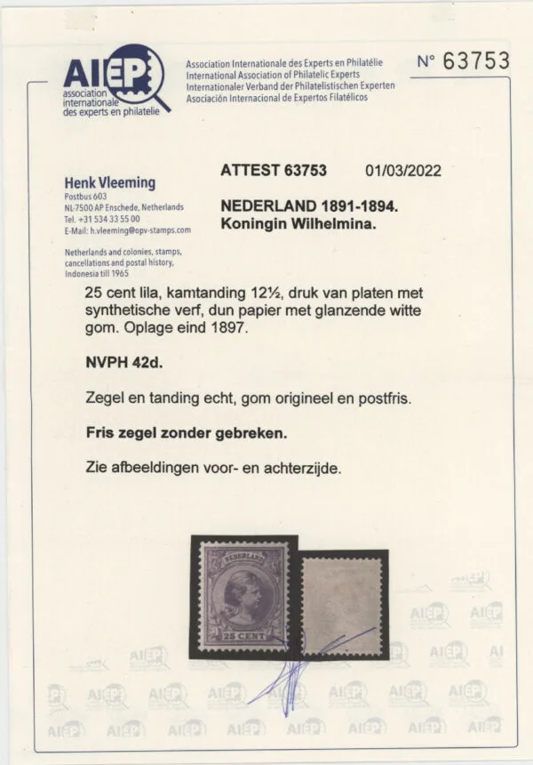 Frankeerzegel Nederland NVPH nr. 42d postfris met certificaat Vleeming - Afbeelding 2