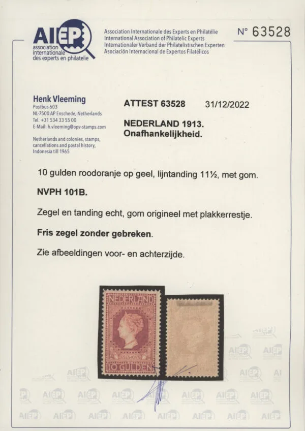 Frankeerzegel Nederland NVPH nr. 101B ongebruikt met certificaat Vleeming - Afbeelding 2