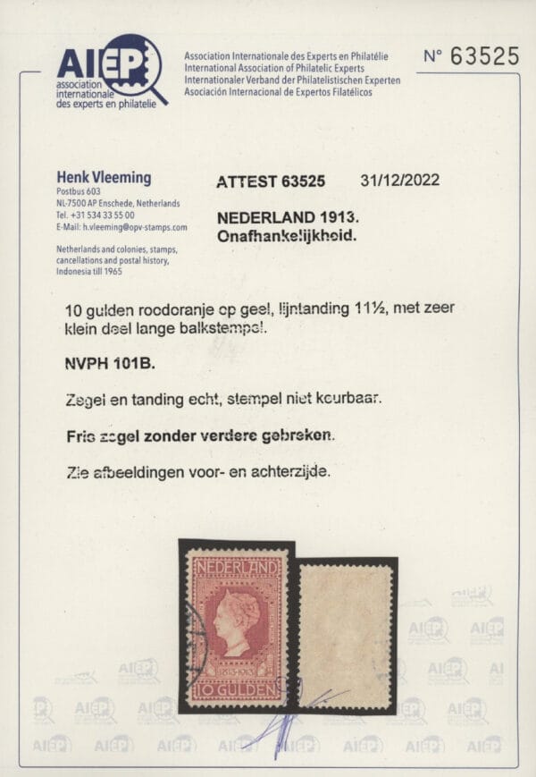 Frankeerzegel Nederland NVPH nr.101B gestempeld met certificaat Vleeming - Afbeelding 2
