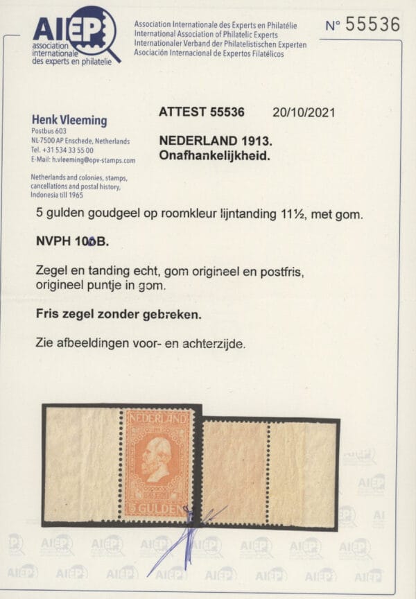 Frankeerzegel Nederland NVPH nr. 100B postfris met certificaat Vleeming - Afbeelding 2