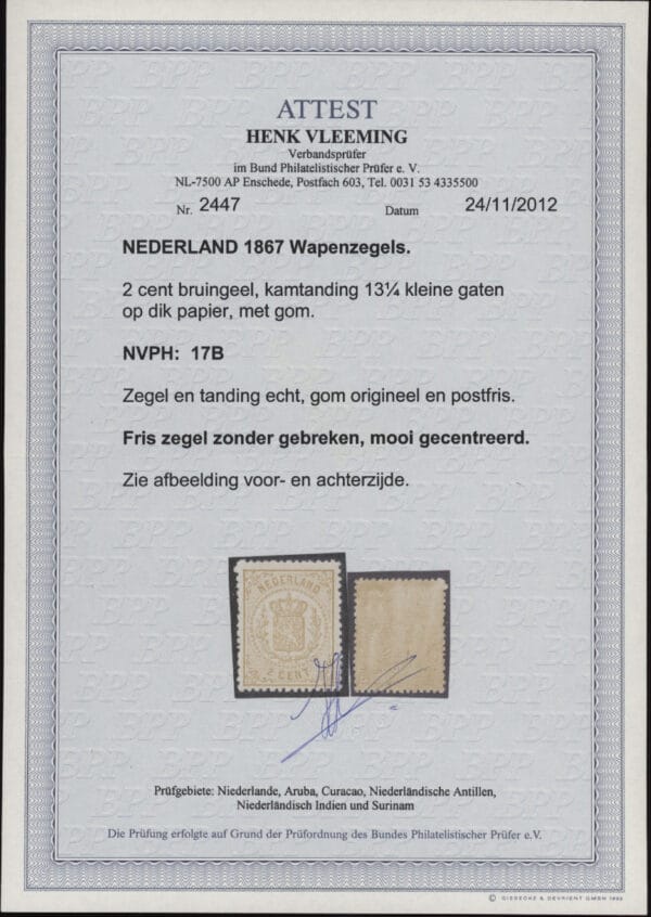 Frankeerzegel Nederland NVPH nr.17B postfris met certificaten Vleeming en NKD - Afbeelding 2