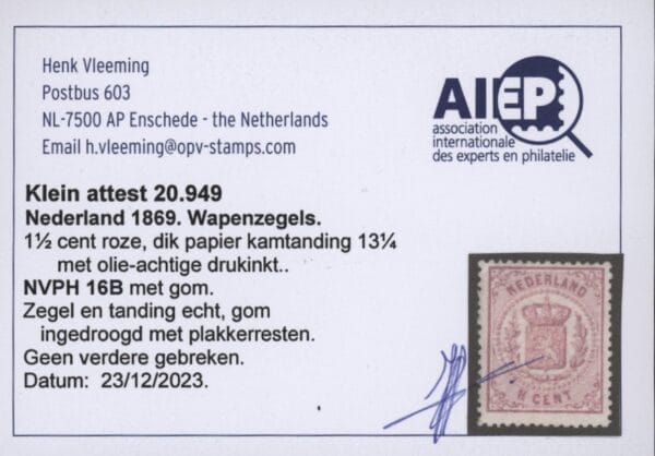 Frankeerzegel Nederland NVPH nr. 16B ongebruikt met certificaat Vleeming - Afbeelding 2