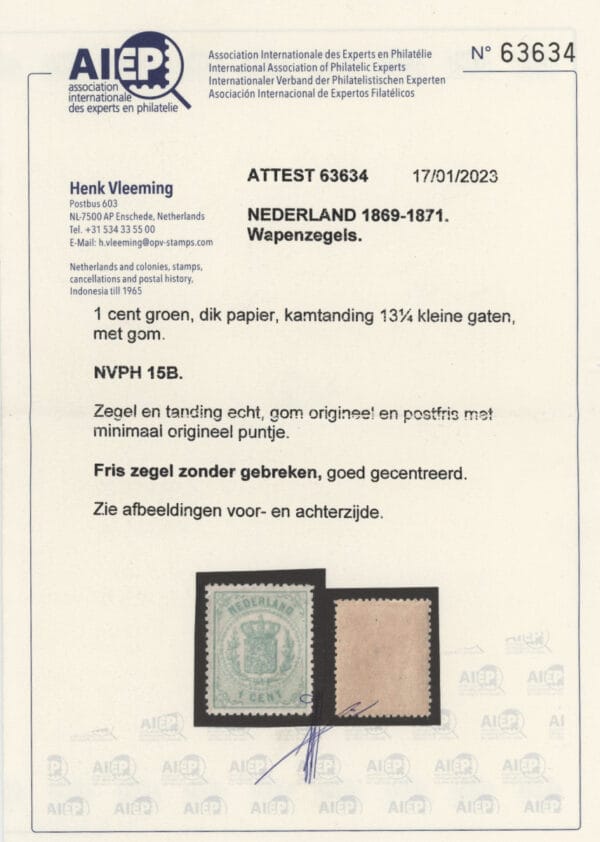 Frankeerzegel Nederland NVPH nr.15B postfris met certificaat Vleeming - Afbeelding 2
