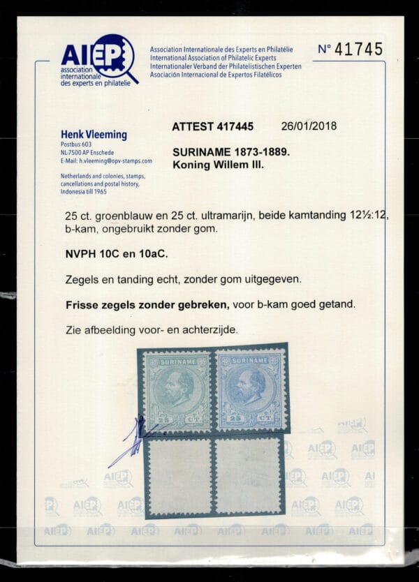 Frankeerzegels Ned.Suriname NVPH nr. 10C en 10aC ongebruikt met Vleeming certificaat - Afbeelding 2