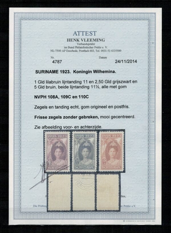 Frankeerzegels Ned.Suriname NVPH nrs.104-110 postfris met certificaat Vleeming - Afbeelding 2