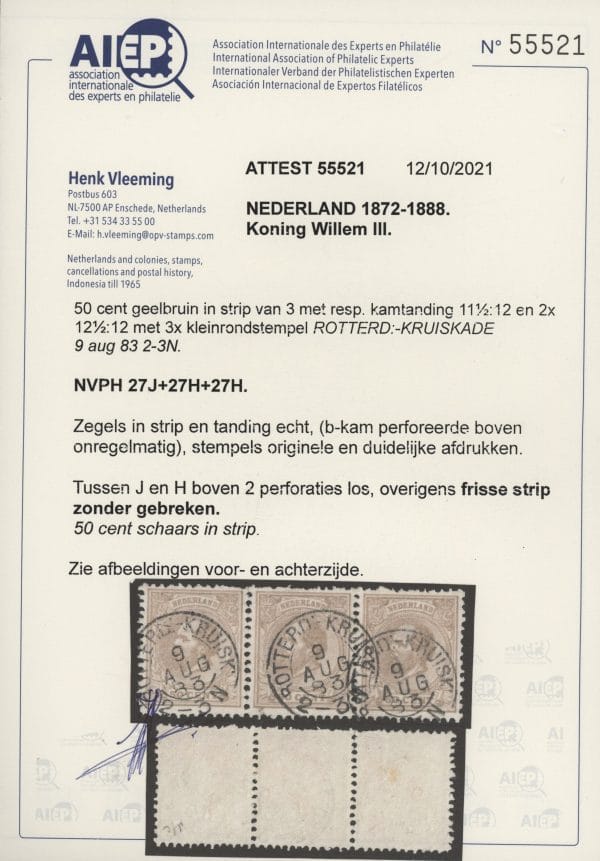 Frankeerzegel Nederland NVPH nr. 27J+27H+27H gestempeld met Vleeming certificaat - Afbeelding 2