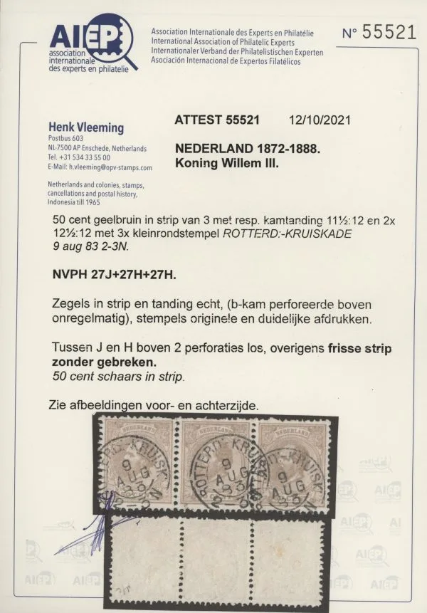 Frankeerzegel Nederland NVPH nr. 27J+27H+27H gestempeld met Vleeming certificaat - Afbeelding 2
