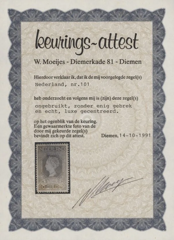 Frankeerzegel Nederland NVPH nr. 101B ongebruikt met certificaat Moeijes - Afbeelding 2
