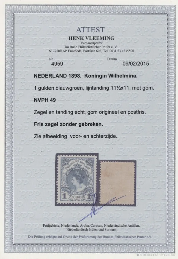 Frankeerzegel Nederland NVPH nr. 49 postfris met certificaat Vleeming - Afbeelding 2