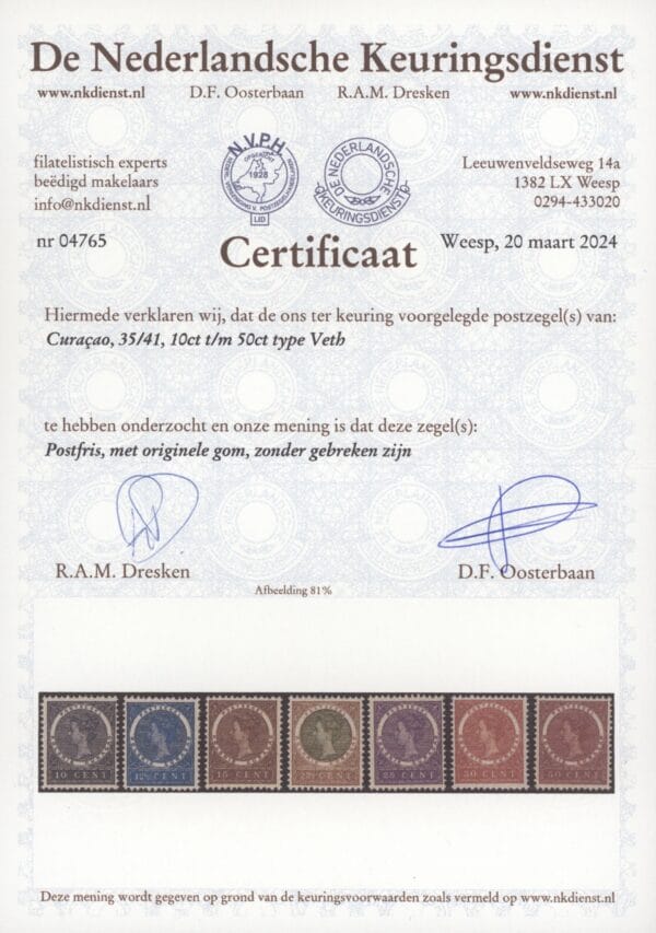 Frankeerzegels Curaçao NVPH nrs. 35-41 postfris met NKD certificaat - Afbeelding 2