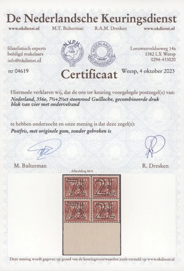 Frankeerzegels Nederland NVPH nr. 356e postfris met NKD en Muis certificaten - Afbeelding 2