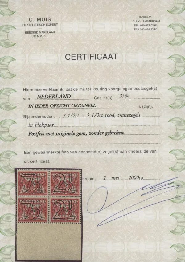 Frankeerzegels Nederland NVPH nr. 356e postfris met NKD en Muis certificaten - Afbeelding 3