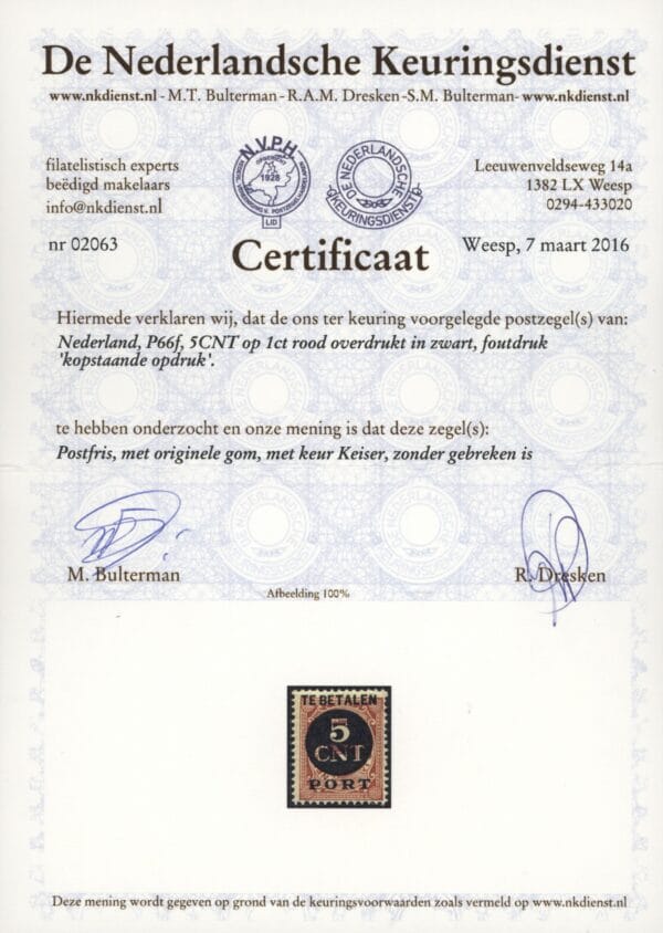 Portzegels Nederland NVPH nr. P66f postfris met certificaat NKD - Afbeelding 2