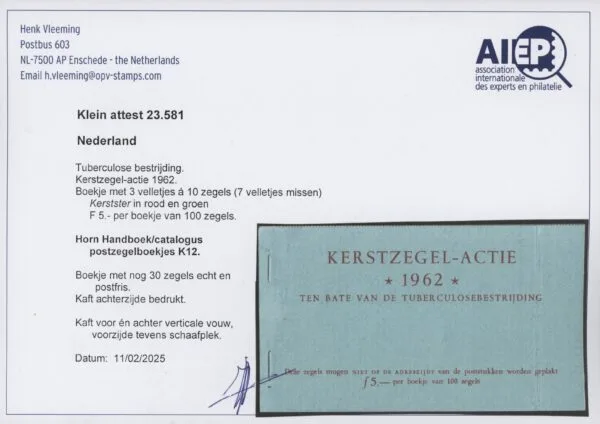 Kerstzegelboekje 1964, Horn K14 met Vleeming attest (i) - Afbeelding 2