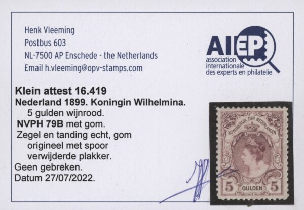 Frankeerzegel Nederland NVPH nr. 79B (iii) ongebruikt met attest Vleeming - Afbeelding 2