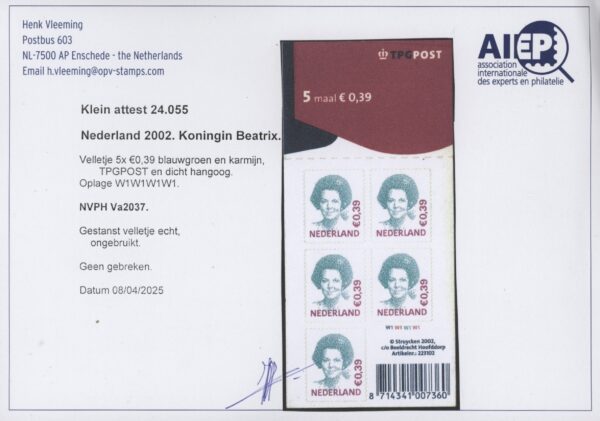 Frankeerzegel Nederland NVPH nr. Va2037 postfris met Vleeming attest - Afbeelding 2