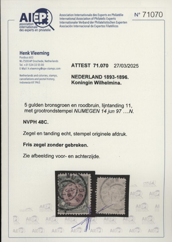 Frankeerzegel Nederland NVPH nr. 48C gestempeld met certificaat Vleeming - Afbeelding 2