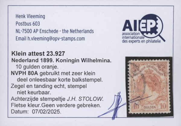 Frankeerzegel Nederland NVPH nr. 80A gestempeld met Vleeming attest - Afbeelding 2