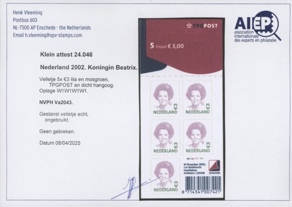 Frankeerzegel Nederland NVPH nr. Va2043 postfris met Vleeming attest - Afbeelding 2