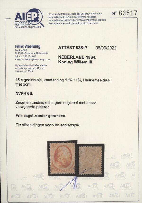 Frankeerzegels Nederland NVPH nr. 6B ongebruikt met Vleeming en NKD certificaat - Afbeelding 2