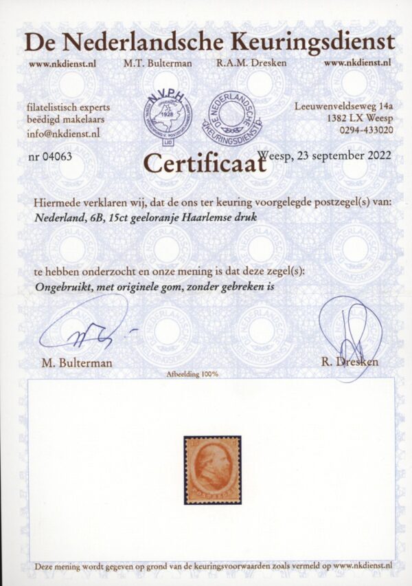 Frankeerzegels Nederland NVPH nr. 6B ongebruikt met Vleeming en NKD certificaat - Afbeelding 3