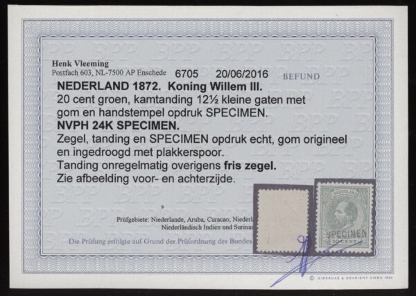 Frankeerzegel Nederland NVPH nr. 24K SPECIMEN ongebruikt met befund Vleeming - Afbeelding 2
