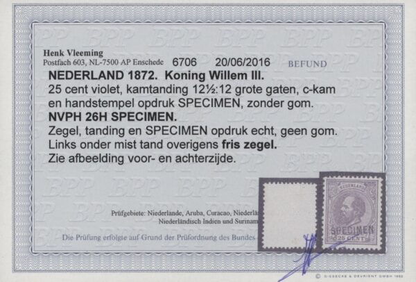 Frankeerzegel Nederland NVPH nr. 26H SPECIMEN ongebruikt met befund Vleeming - Afbeelding 2