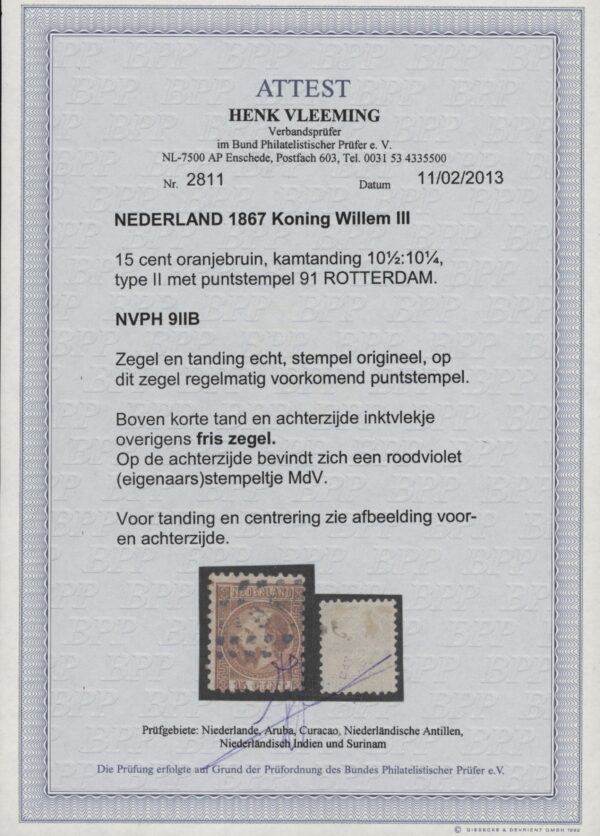 Frankeerzegel Nederland NVPH nr. 9IIB gestempeld met certificaat Vleeming (i) - Afbeelding 2